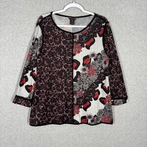 Multiples Top Medium Black Red Floral Leopard Lace Lagenlook Abstract Artsy Wear